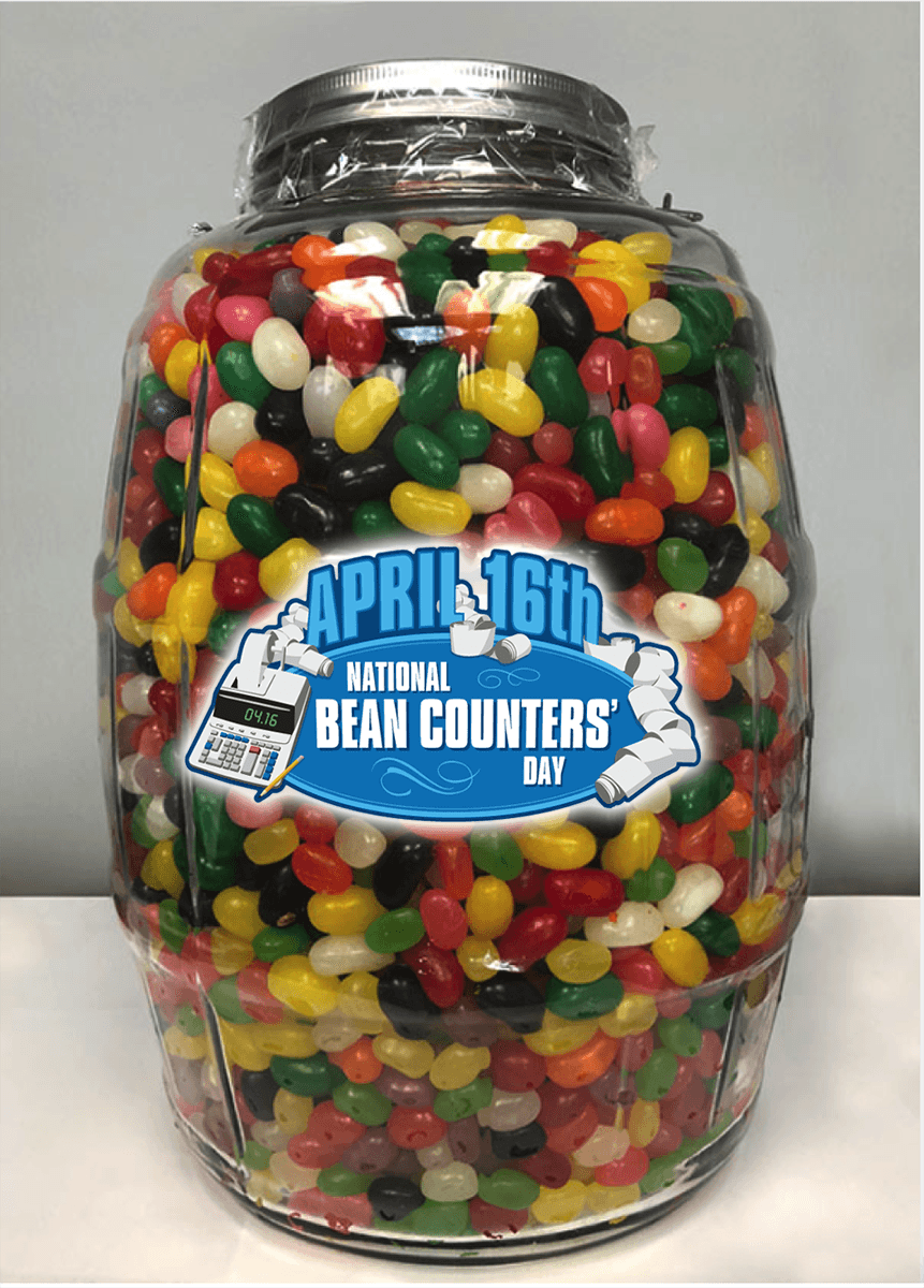 A large jar filled with jelly beans, the National Bean Counters' Day contest jar